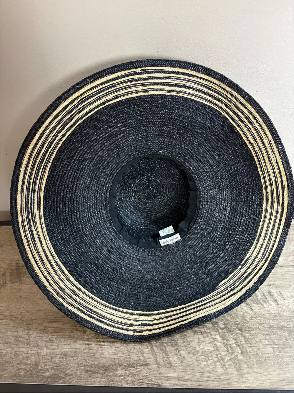 Women's LADY RACHEL Black & Tan WOVEN STRAW Wide Brim FASHION SUN HAT Italy